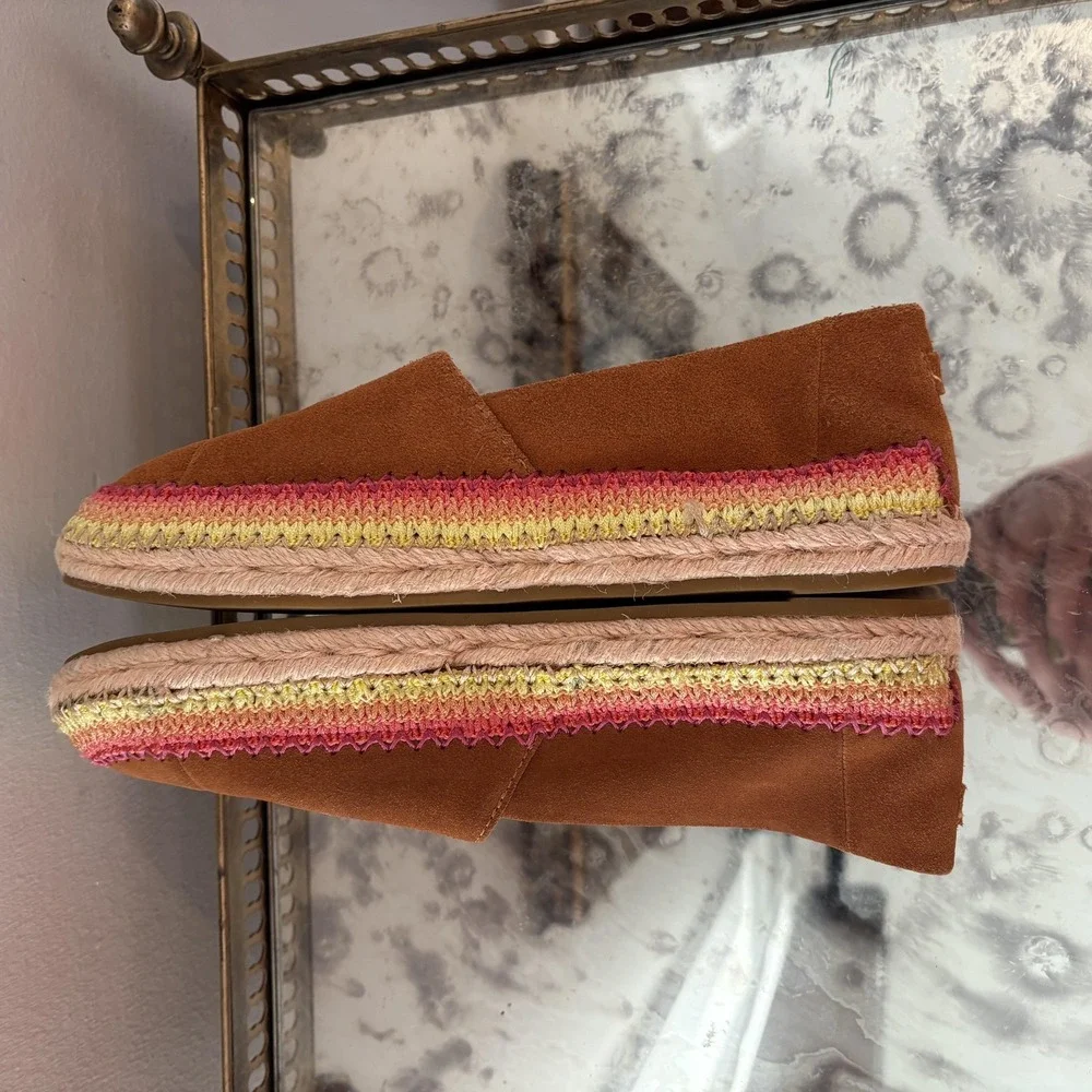 TOMS Shoes Womens Size 7 Brown‎ Suede Alpargata Espadrille Slip On Rainbow Trim
